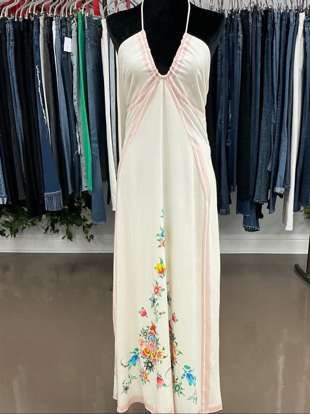 Cream Halter Maxi Dress with Pink Trim and Floral Print